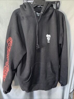 White Stripes Black Hoodie with Red Sleeve Graphic -